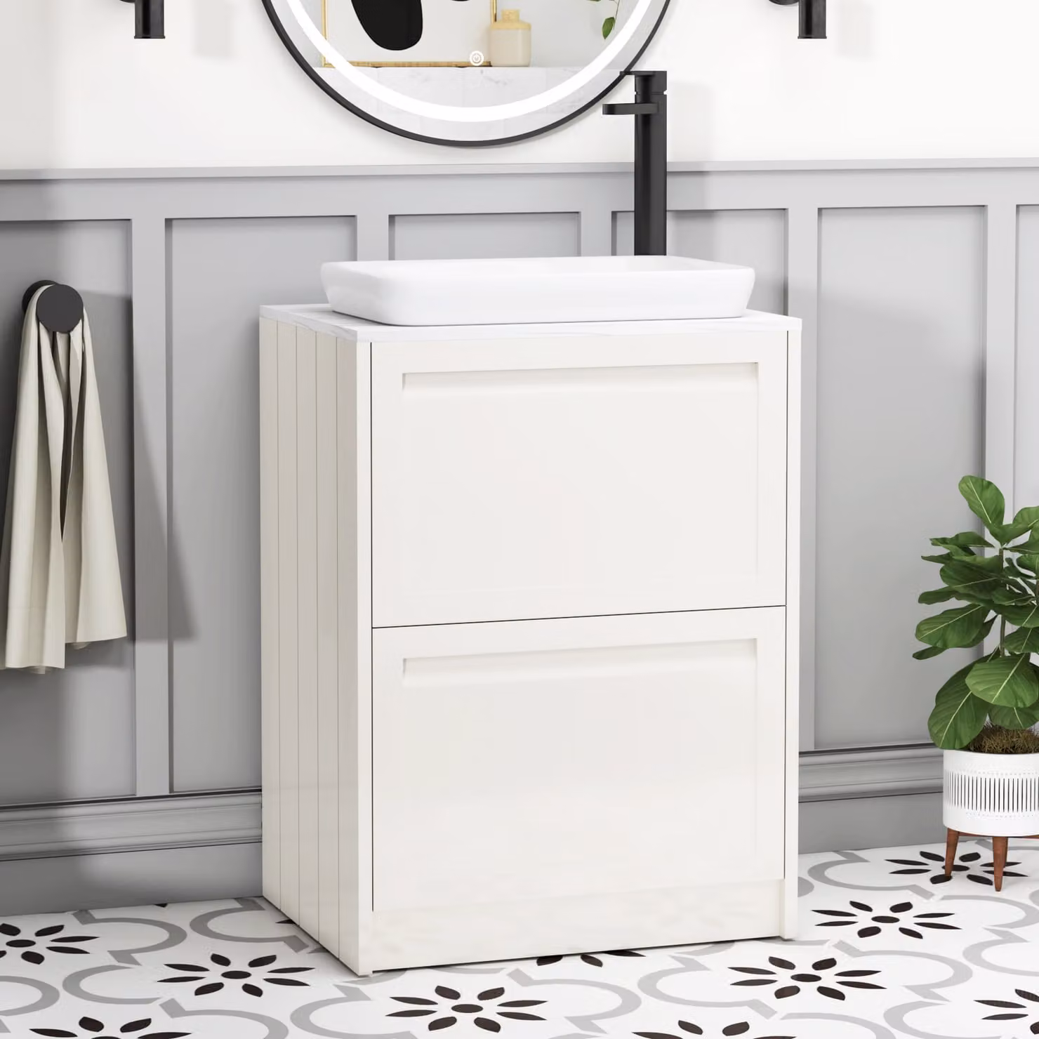 Royal Bathrooms Elmore 600mm Classic White Floor Standing 2 Drawer Vanity Unit with Qubix Basin