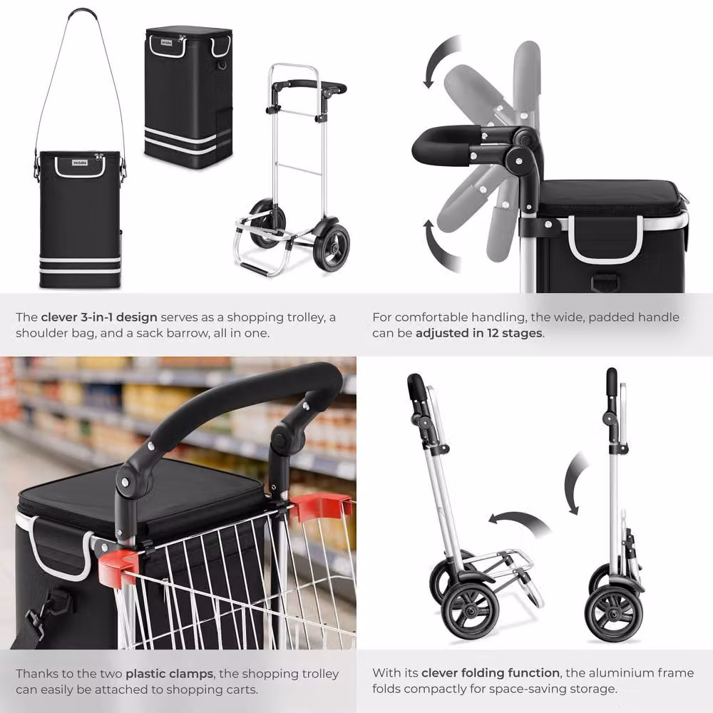 tectake 3-in-1 Foldable Shopping Trolley with Cooler Bag, Black – 5