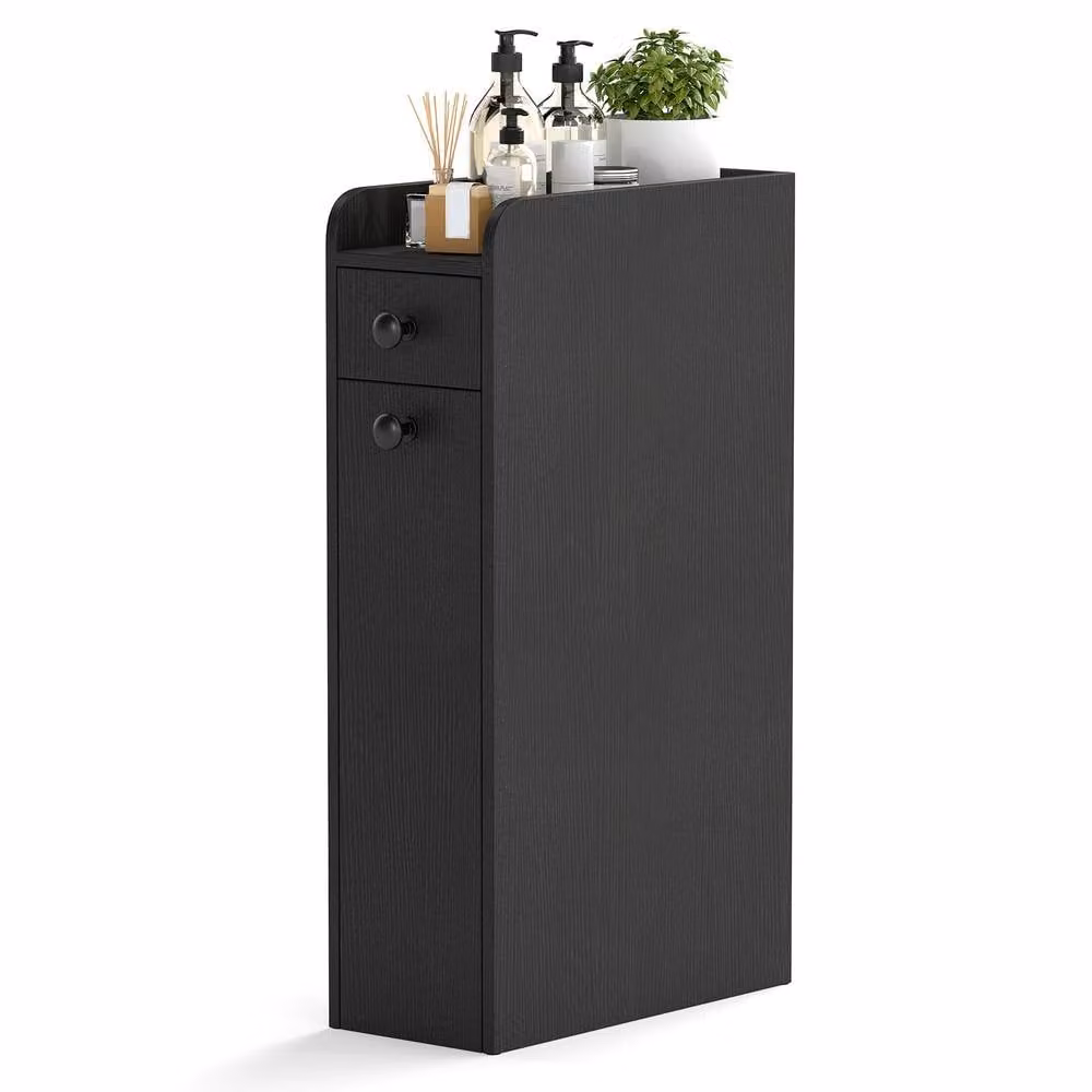 Costway Narrow Freestanding Bathroom Storage Floor Cabinet with Slide-Out Drawer and Hinged Doors in Black – 3