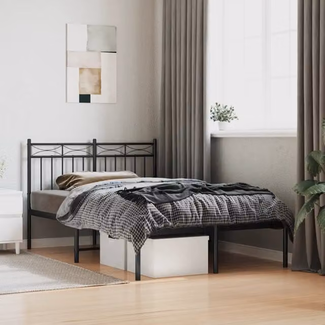 Berkfield Home Metal Bed Frame with Headboard in Black, W/D/H: 120 x 200 cm