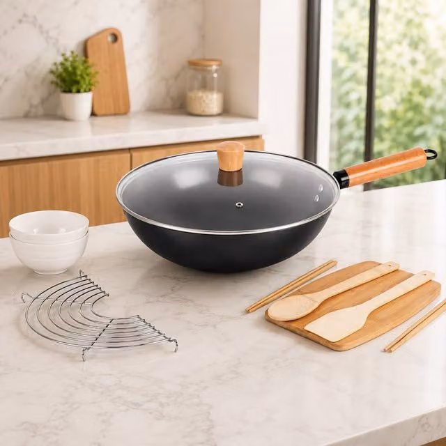 Gr8 Home 10-Piece Non-Stick Carbon Steel Wok Pan Gift Set with Lid in Black