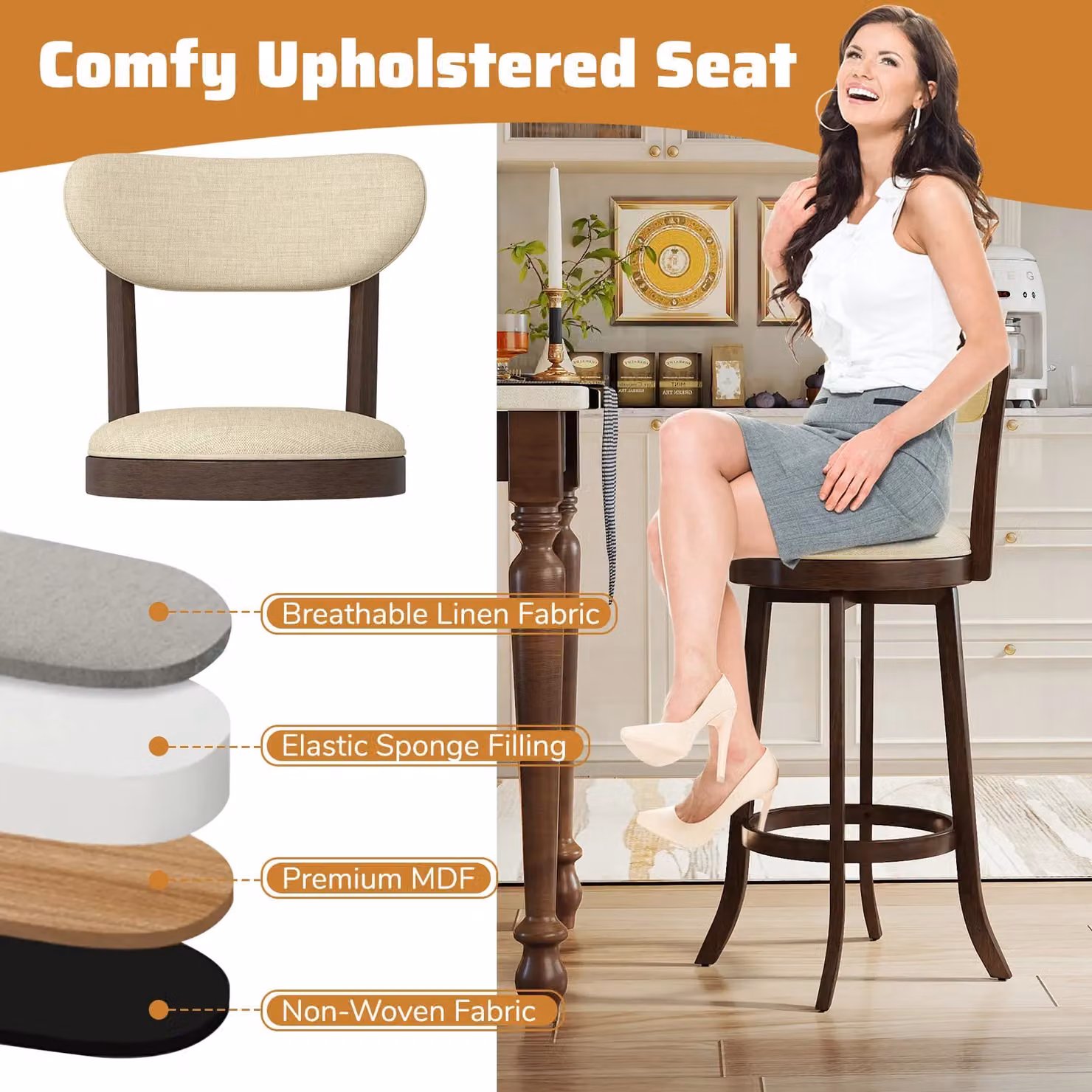 Costway Set of 2 Beige Swivel Counter Height Stools with Fabric Upholstery and Rubberwood Legs – 8