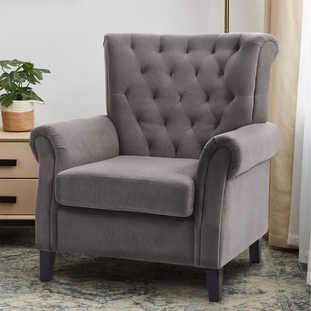 Livingandhome Grey Velvet Tufted Wingback Armchair with Armrests and Oak Wood Frame