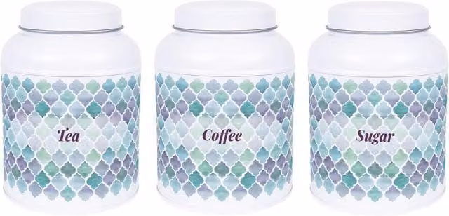 Purely Home Arabesque Tile Coffee Canister with Domed Lid, White and Multicolour Metal Kitchen Storage Tin