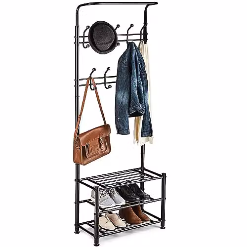 House of Home Black Metal Hall Tree with Bench and 18 Hooks, H 188 x W 68 x D 31 cm – 2