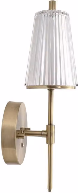 Happy Homewares Antique Brass Wireless Rechargeable Touch Dimmer Wall Light with Transparent Ribbed Shade in Metallic Gold – 1