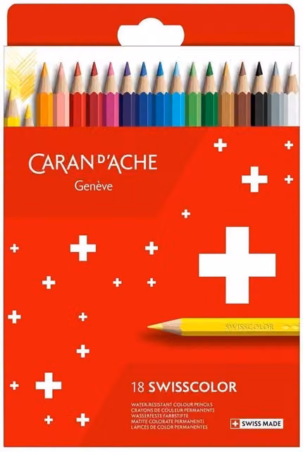 Caran d'Ache Swisscolor Aquarelle 18 Water-Resistant Colour Pencils, Assorted Colours