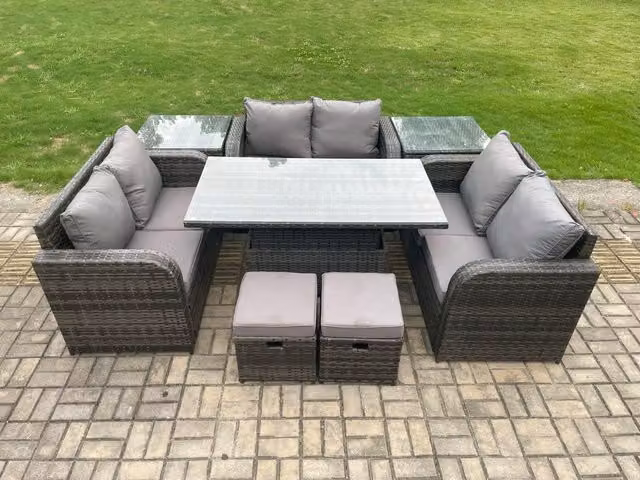Fimous Grey Rattan Garden Furniture Set with Adjustable Lifting Dining Table, 2 Side Tables and 2 Footstools