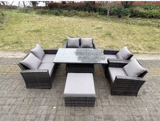 Fimous 7 Seater Rattan Outdoor Furniture Set in Dark Grey with Galvanised Steel and PE Rattan