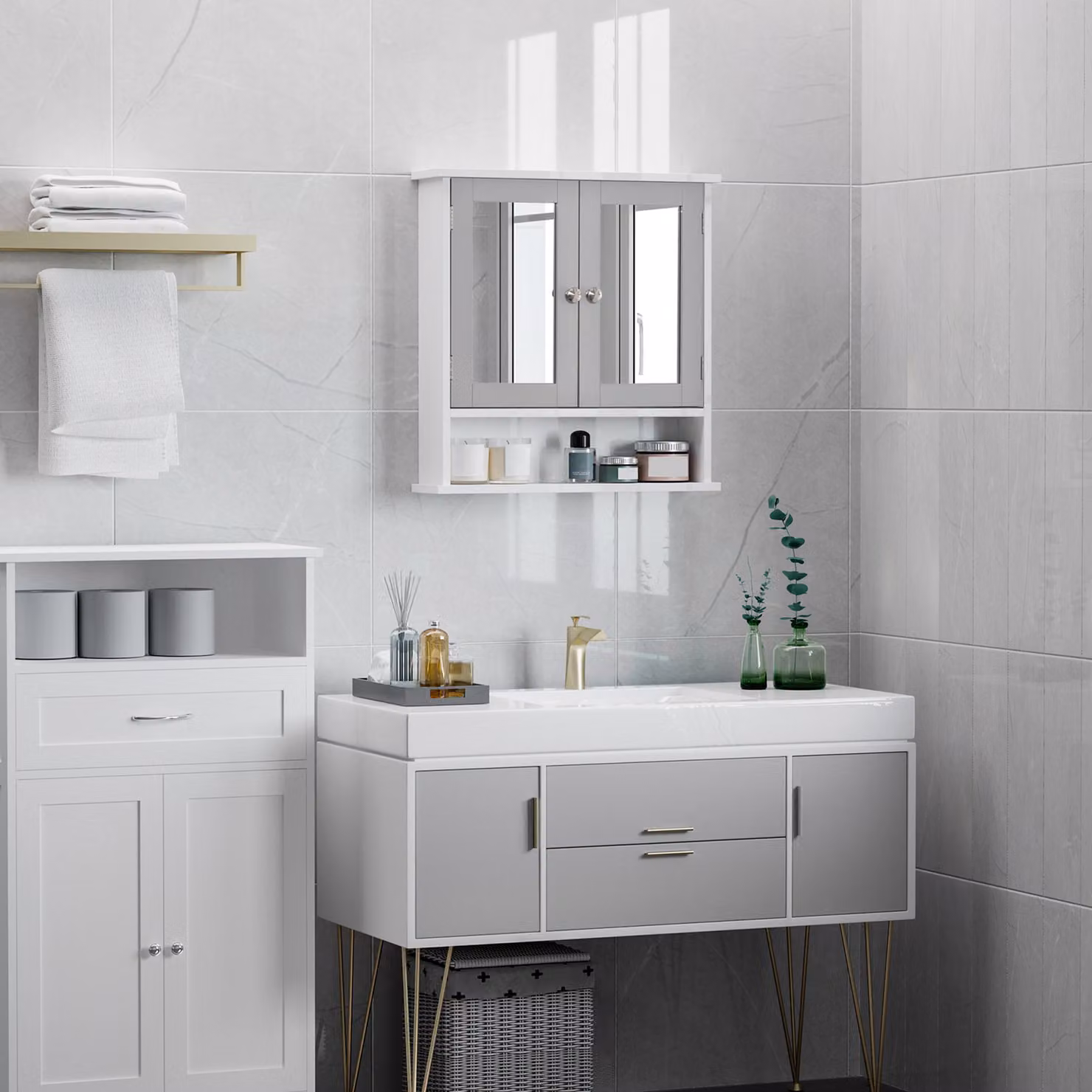 Kleankin Wall Mounted Grey Bathroom Cabinet with Double Mirrored Doors and Internal Shelves – 2