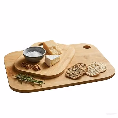 Premier Housewares Set of 2 Natural Brown Bamboo Rectangular Cutting and Serving Boards with Handles