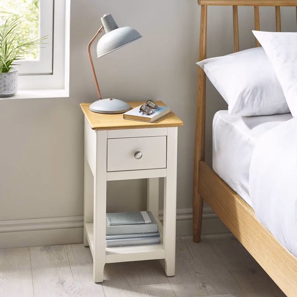 Cheshire Premium Langford White and Oak Compact 1 Drawer Bedside Table with Shelf – 2