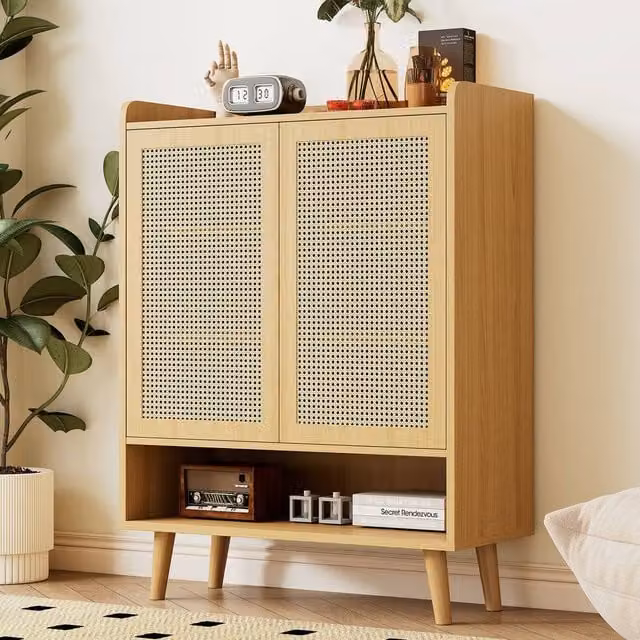 Merax 5 Tier Rattan Shoe Storage Cabinet in Light Oak and Beige, W/D/H: 80 x 35 x 105 cm – 1