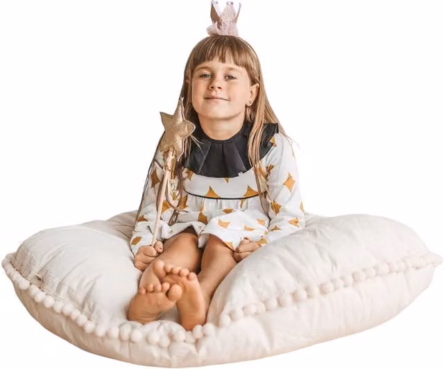 MiniCamp Pom Pom Round Floor Cushion in Beige with Removable Washable Cover