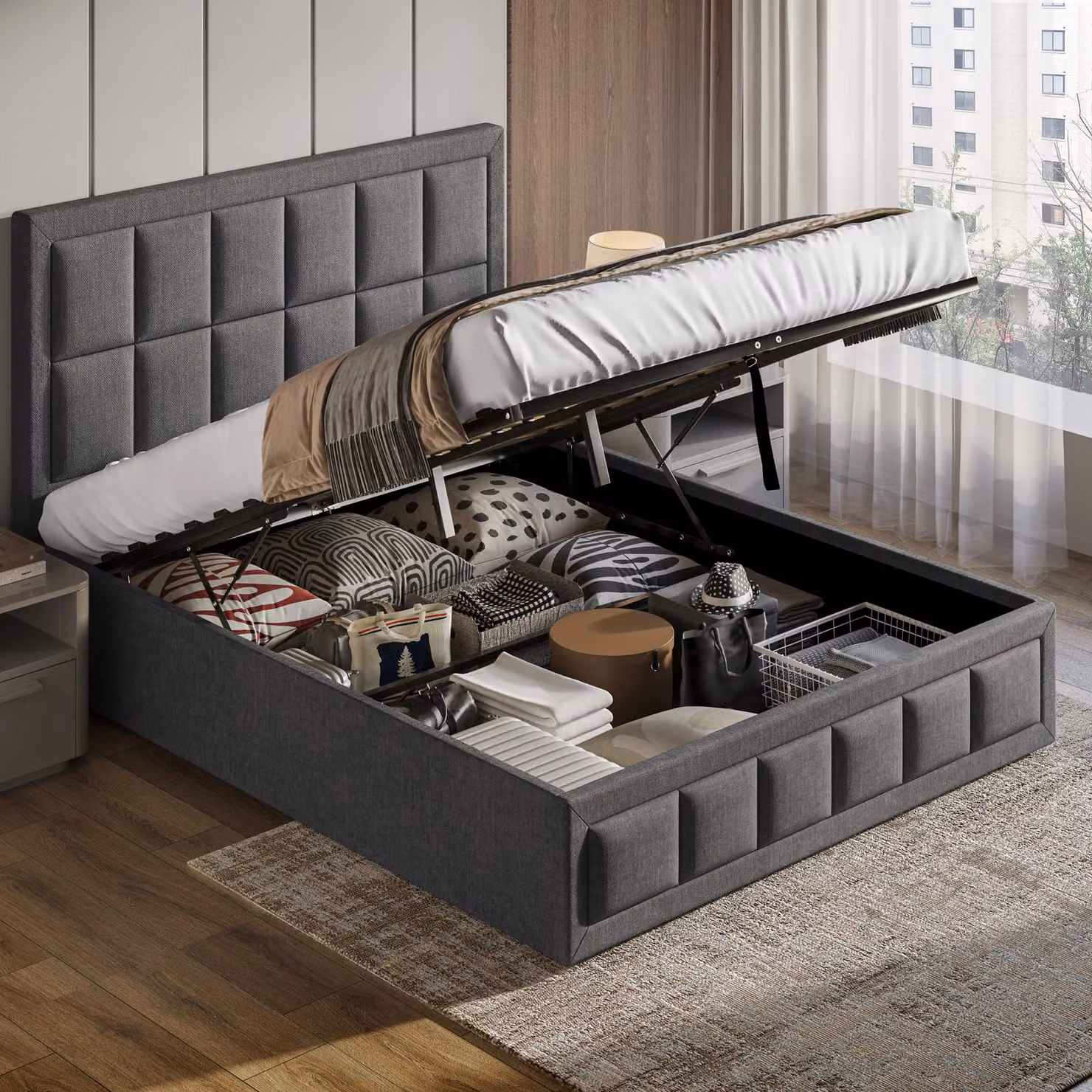 DHS Modern Upholstered Linen Ottoman Bed Frame with Lift Up Storage, Double (140 x 200 cm), Grey