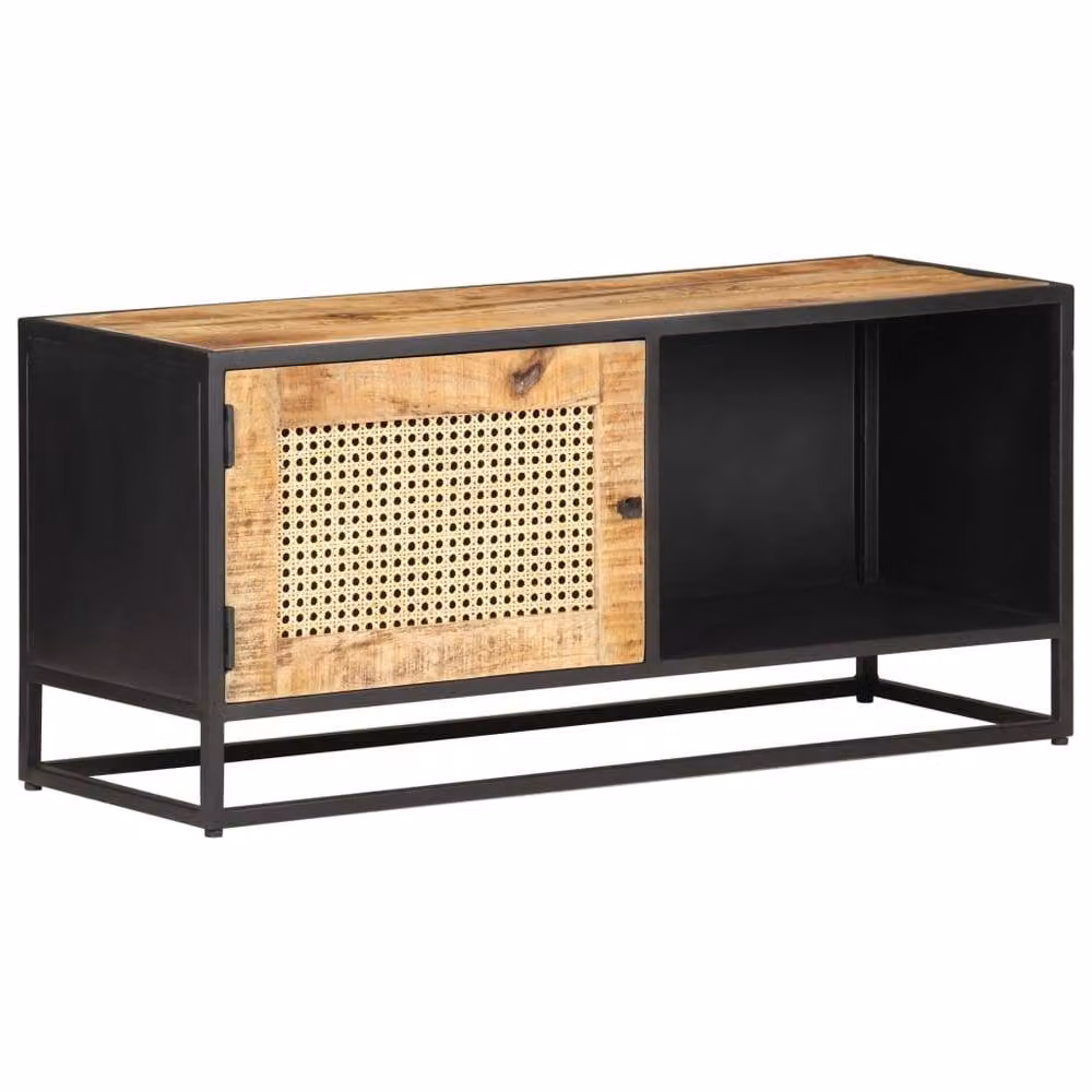 Berkfield Home Rustic Mango Wood and Natural Cane TV Cabinet in Brown, W/D/H: 90 x 30 x 40 cm – 2