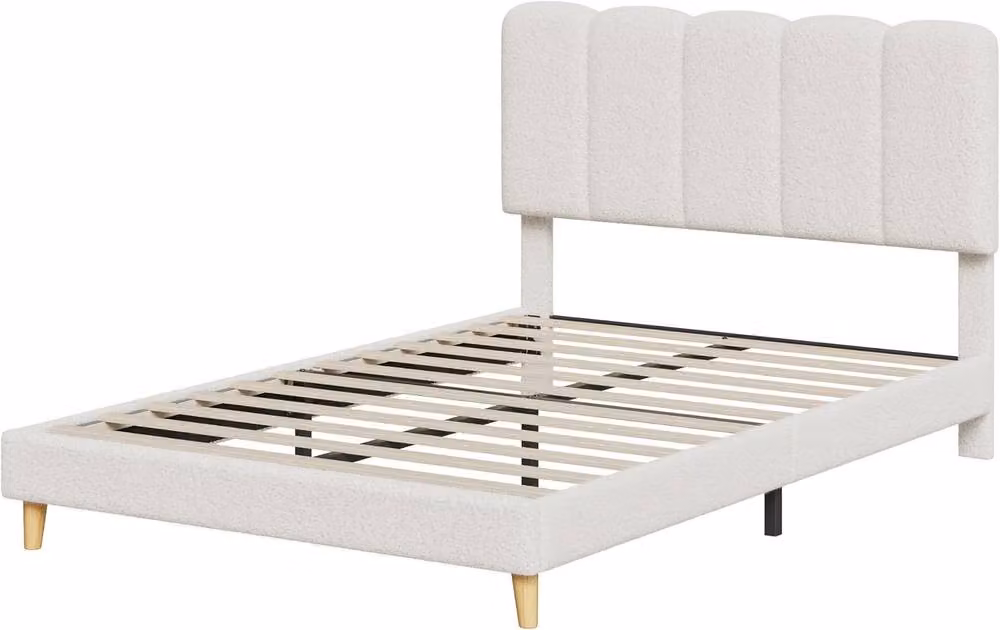 London Boutique Modern Upholstered Bouclé Platform Bed in Beige with Under-Bed Lighting and Drawers, W: 135 cm, L: 190 cm – 5