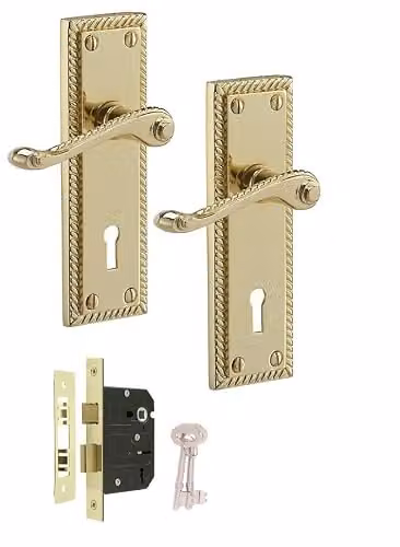 Golden Grace Georgian Lever Lock Door Handle Set in Polished Brass Gold