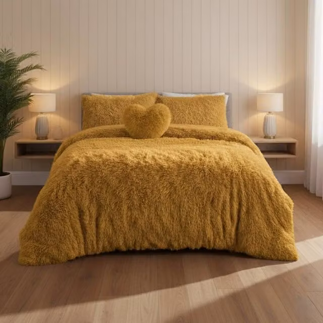 Snug City Super Fluffy Duvet Cover and Pillowcase Set, Yellow, W: 140 cm, L: 200 cm