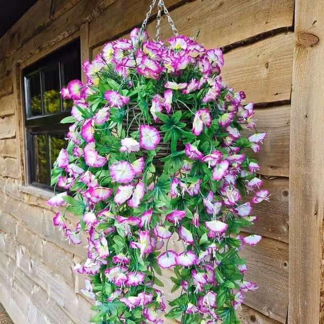 Best Artificial Ltd Morning Glory Trailing Flowers with Round Rattan Wicker Hanging Baskets in White and Purple