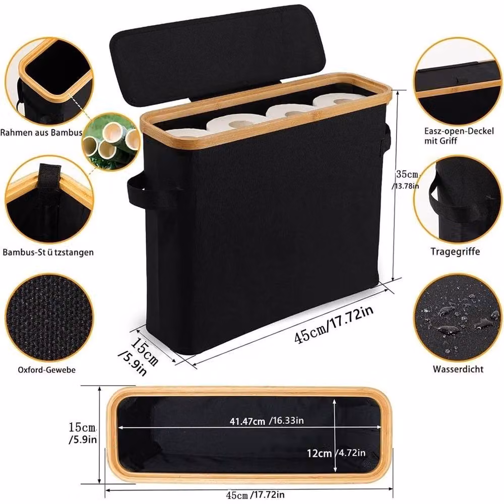 NESTLUNE Waterproof Bamboo Toilet Paper Storage Basket in Black – 2