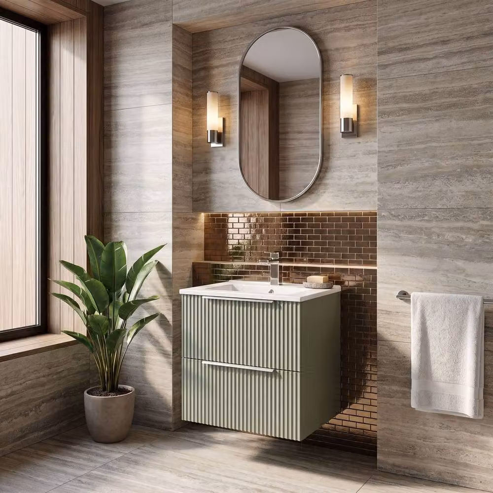 Balterley Tixall Fluted 2 Drawer Wall Hung Vanity Basin Unit in Satin Green, W: 50 cm – 3