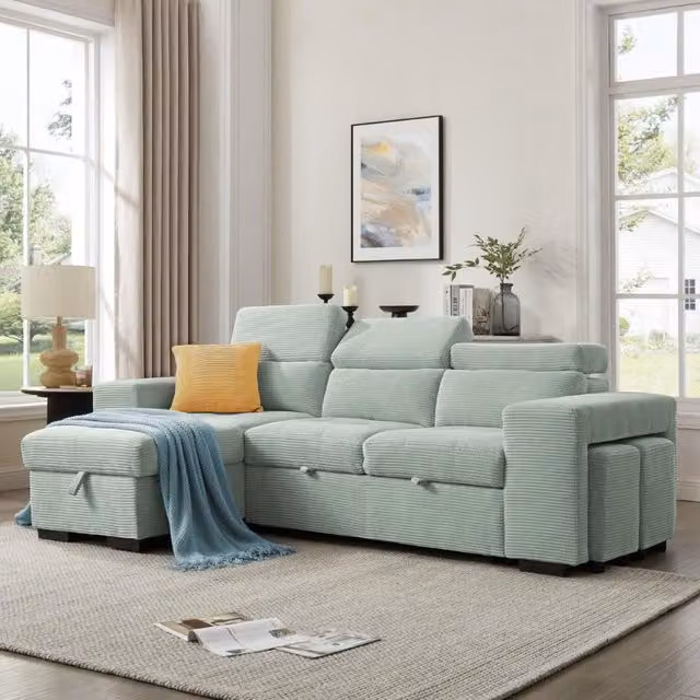 Home Detail Azalea L-Shape Sofa Bed with Reversible Chaise and Pull-Out Function in Pale Green, W/D/H: 245 x 156 x 77 cm – 1