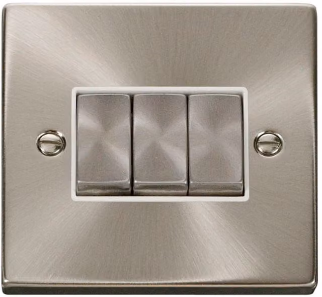 SE HOME Satin Brushed Chrome 10A 3 Gang 2 Way Ingot Light Switch - White