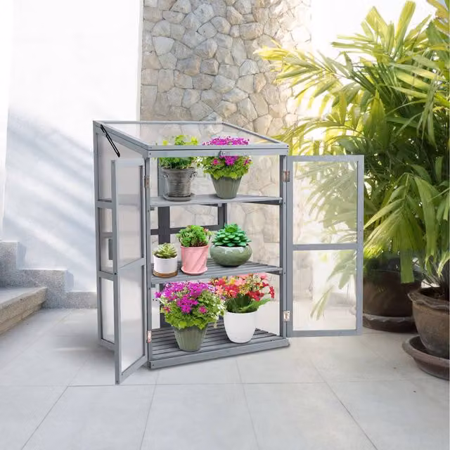 BIRCHTREE 3 Tier Grey Wooden Frame Greenhouse with Polycarbonate Shelving for Flower and Vegetable Planting