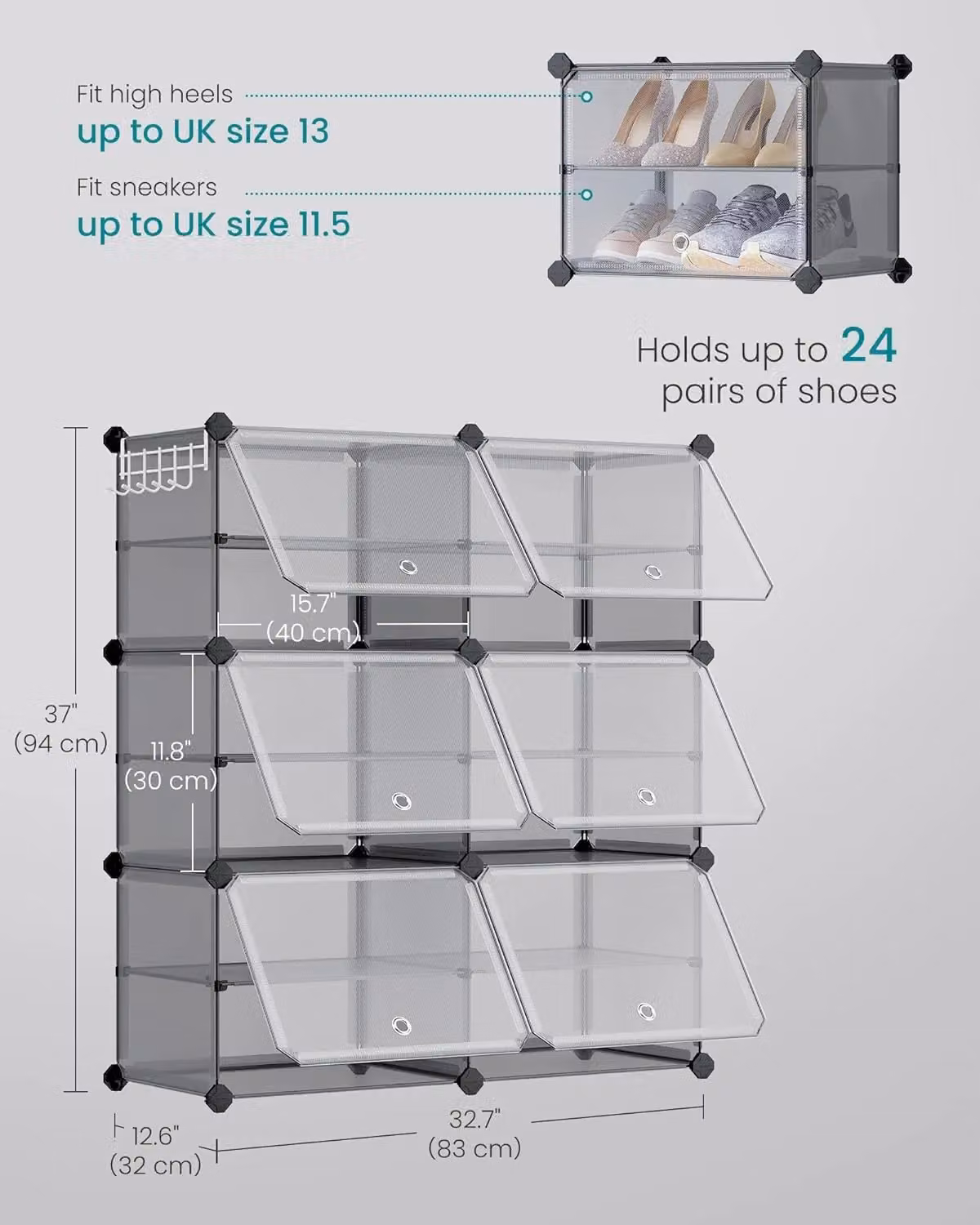 SONGMICS 6-Slot Modular Interlocking Shoe Storage Cabinet with Doors in Grey – 2