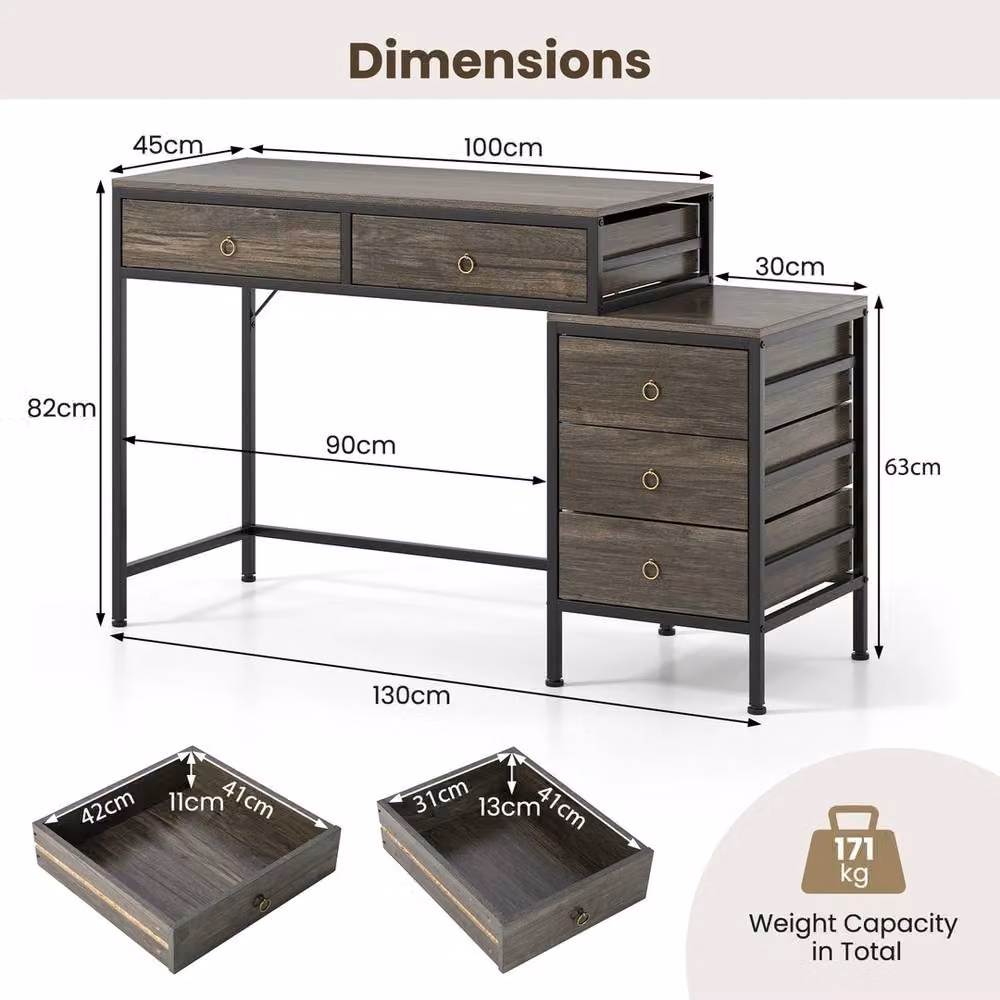 VOGREX Grey and Black Industrial Computer Desk Workstation with Dual Pedestal and 5 Storage Drawers – 2
