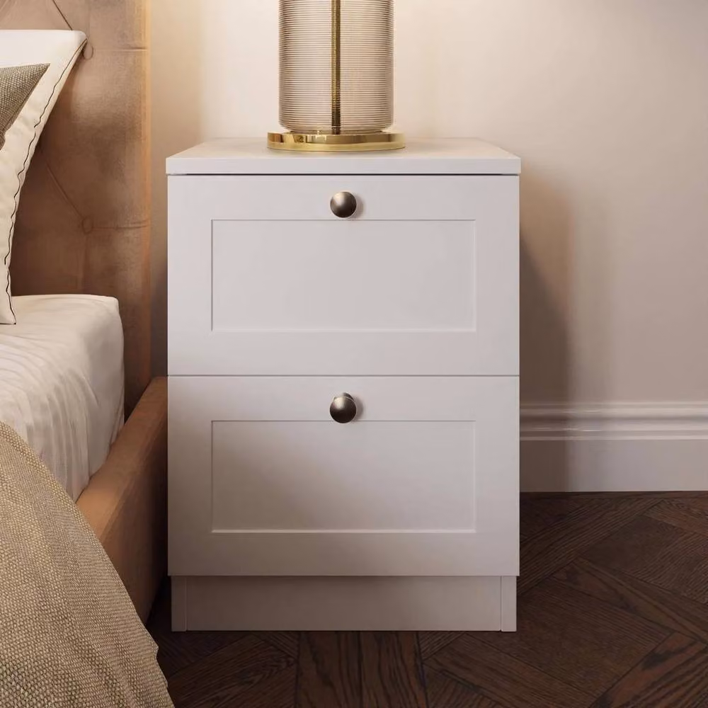 Kelvenix White Panelled 2 Drawer Bedside Table – 2