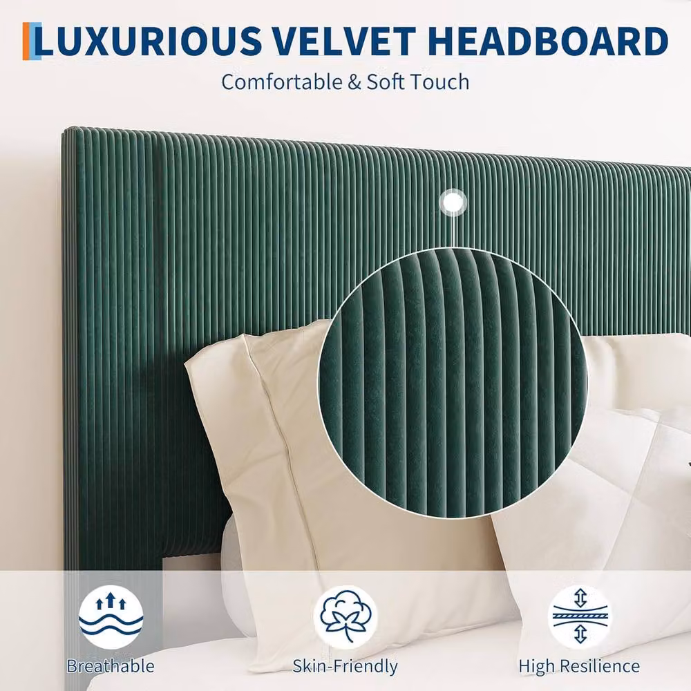 London Boutique Modern Upholstered Double Platform Bed Frame with Headboard in Green, W/D/H: 140 x 200 cm – 3