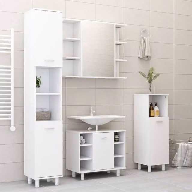 Berkfield Home 4 Piece Modern White MDF Bathroom Furniture Set including Tall Cabinet, Wall Cabinet, Vanity Unit and Mirror Cabinet