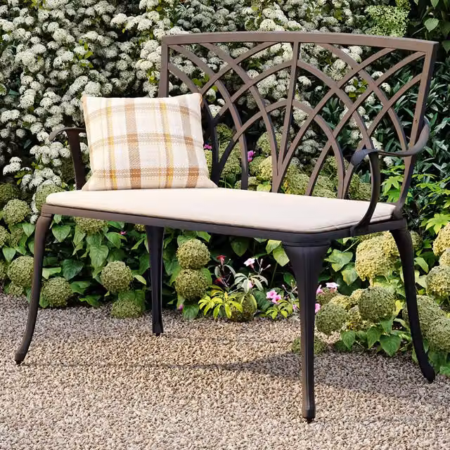 Charles Bentley Classic 2 Seater Aluminium Garden Patio Bench in Black and Cream Matt Metal