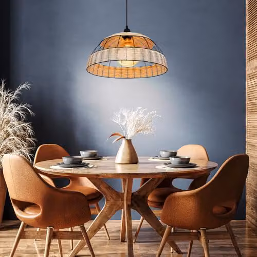 Globo Lighting Boho Rattan and Metal Cylinder Pendant Light, Black, Diameter: 40 cm, Height: 102 cm – 6