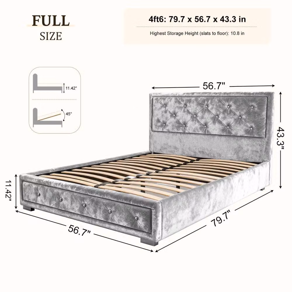 Comfy Living Ltd Silver Crushed Velvet Fabric Bedframe with Lift Up Base, W/D/H: 90 x 200 cm – 6
