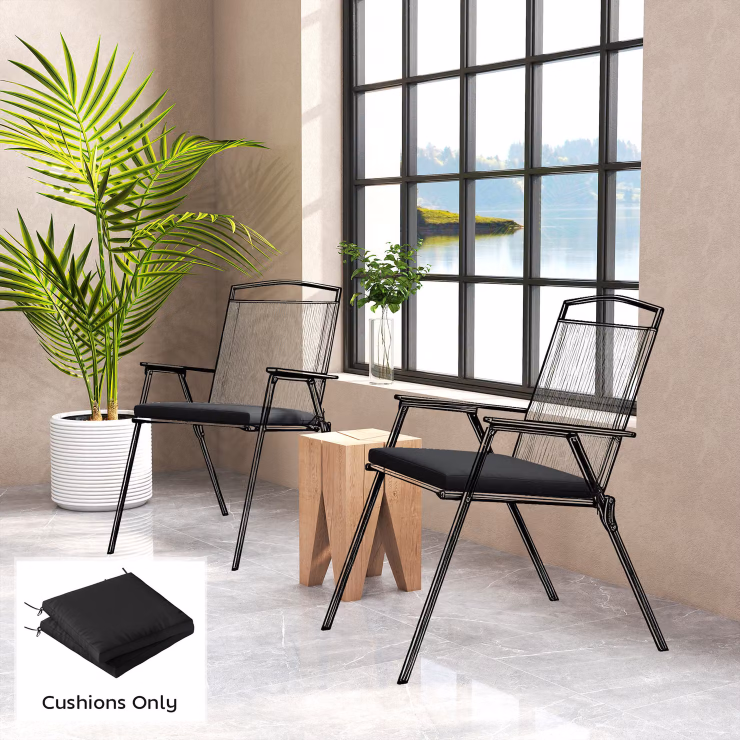 Outsunny Set of 2 Waterproof Outdoor Seat Cushions with Ties in Black – 2