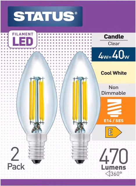 Status Pack of 2 Transparent Glass Filament LED Candle Bulbs, Cool White, E14 SES