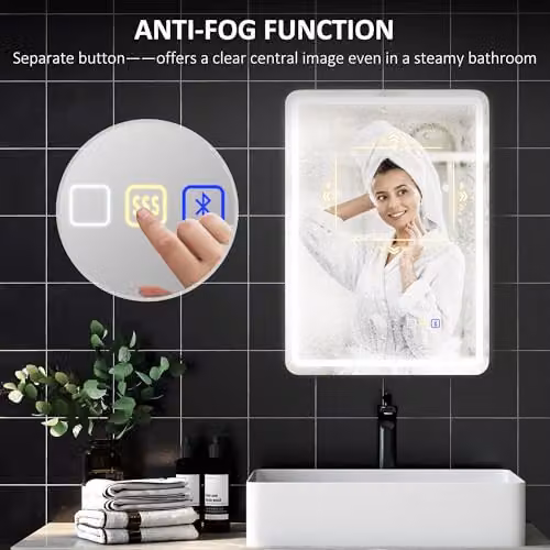 HOMCOM Silver Illuminated Bluetooth Bathroom Mirror with LED Lights and Anti-Fog Function W: 50 cm, H: 70 cm – 6