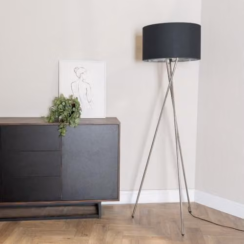 ValueLights Camden Chrome Tripod Floor Lamp with Black and Chrome Cylinder Shade and Warm White Bulb – 2