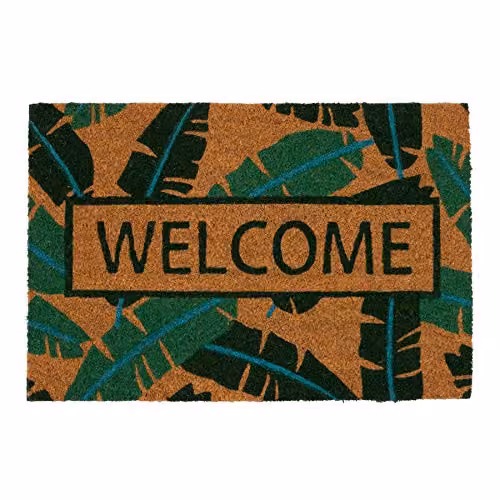 Nicola Spring Coir Door Mat with Banana Leaf Tropical Floral Design, Green and Multicolour, W: 60 cm, D: 40 cm