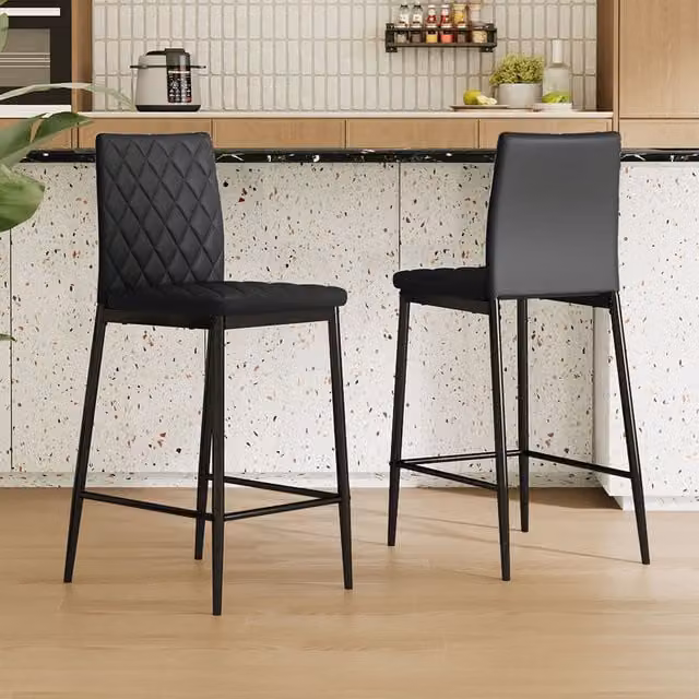Livingandhome Set of 2 Black PU Leather Diamond-Quilted Upholstered Bar Stools