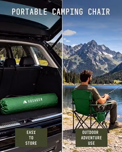 Voyager 2 Pack Folding Camping Chairs with Cooler Bag in Black and Green – 6