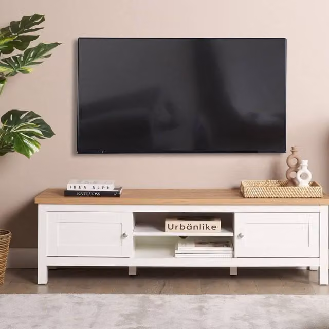Wyld and Coco Minimalist MDF TV Stand in White and Light Brown, Width: 140 cm – 1