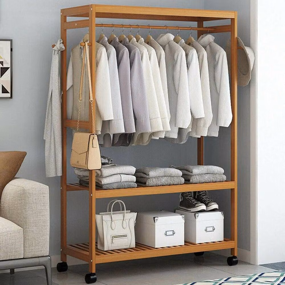 KORVIXA Portable Rolling Hanging Garment Coat Rack in Natural Wood, W/D/H: 78 x 41 x 169 cm – 3