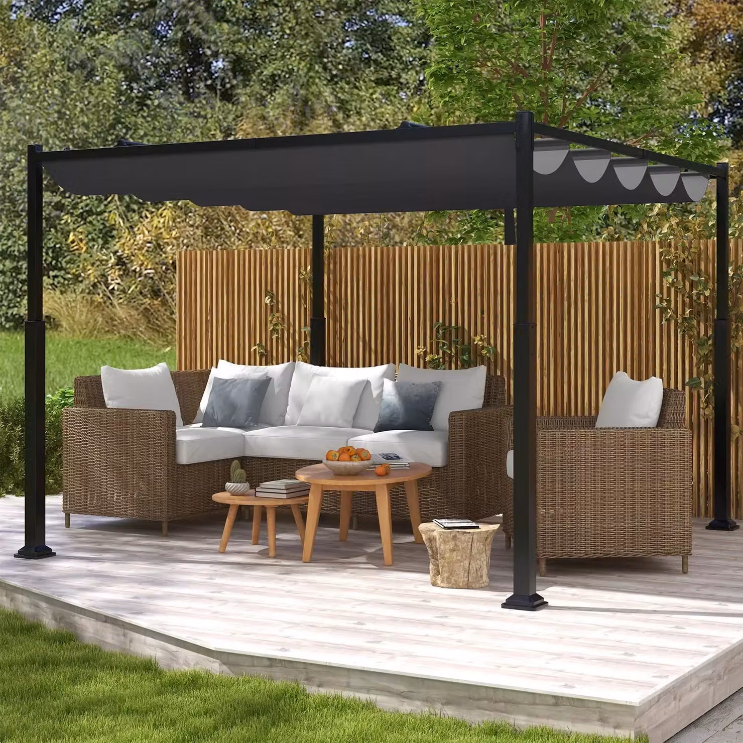 Costway Grey Outdoor Pergola with Retractable Canopy and Heavy-Duty Metal Columns, W: 310 cm, D: 310 cm, H: 225 cm – 4