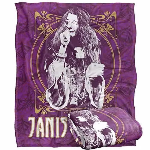 LOGOVISION Janis Joplin Gold Framed Silky Touch Super Soft Fleece Throw Blanket in White, W/D/H: 152 x 127 cm – 1