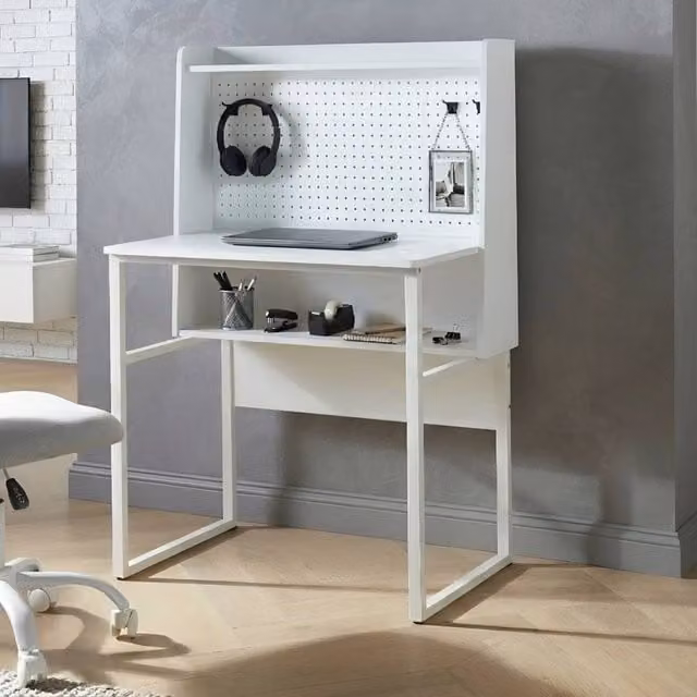 Wyld and Coco White Pegboard Writing Desk with Wall Mounted Open Shelves – 1