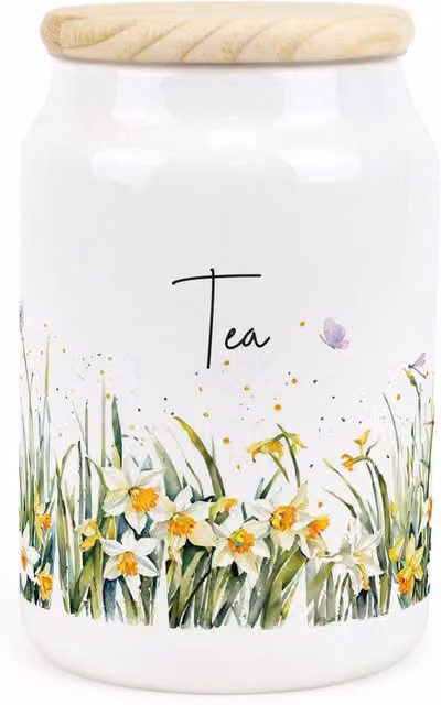 Purely Home Spring Daffodils Floral Ceramic Tea Storage Canister in Green and White